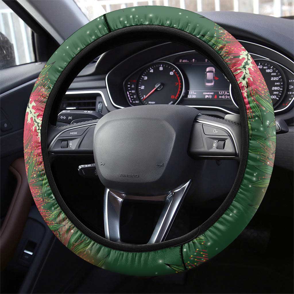 Green Budgerigars on Callistemon Steering Wheel Cover Merry Christmas Aussie - Aussie Hoodie