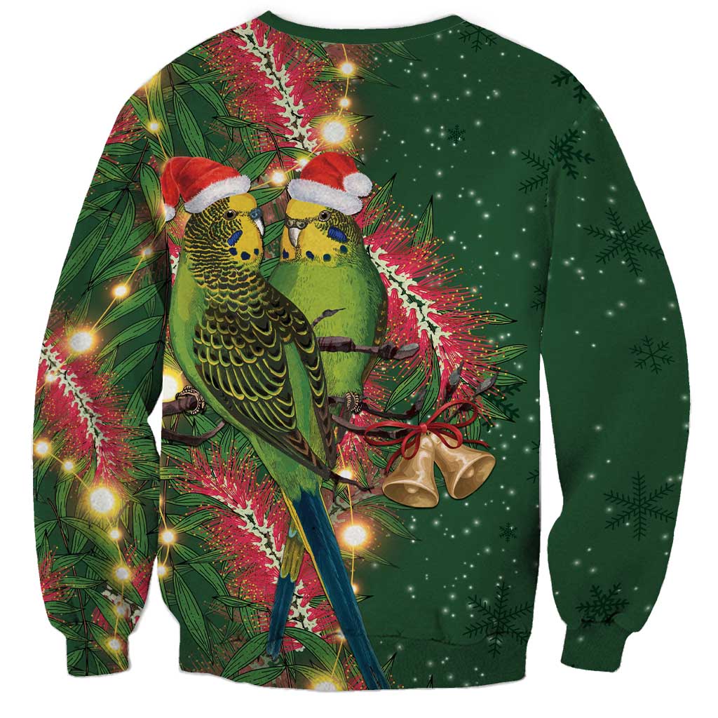 Green Budgerigars on Callistemon Sweatshirt Merry Christmas Aussie - Aussie Hoodie
