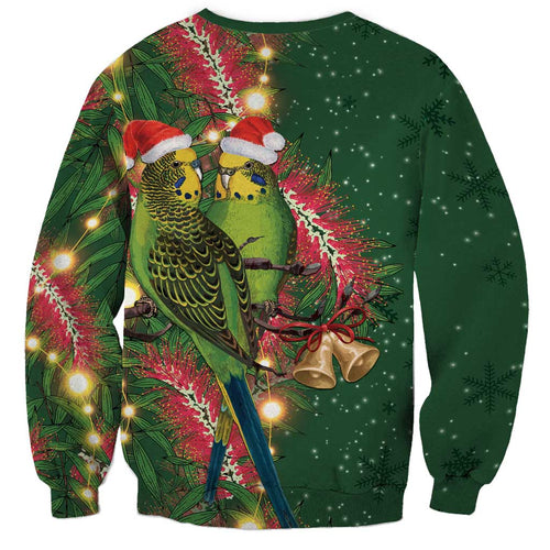 Green Budgerigars on Callistemon Sweatshirt Merry Christmas Aussie - Aussie Hoodie