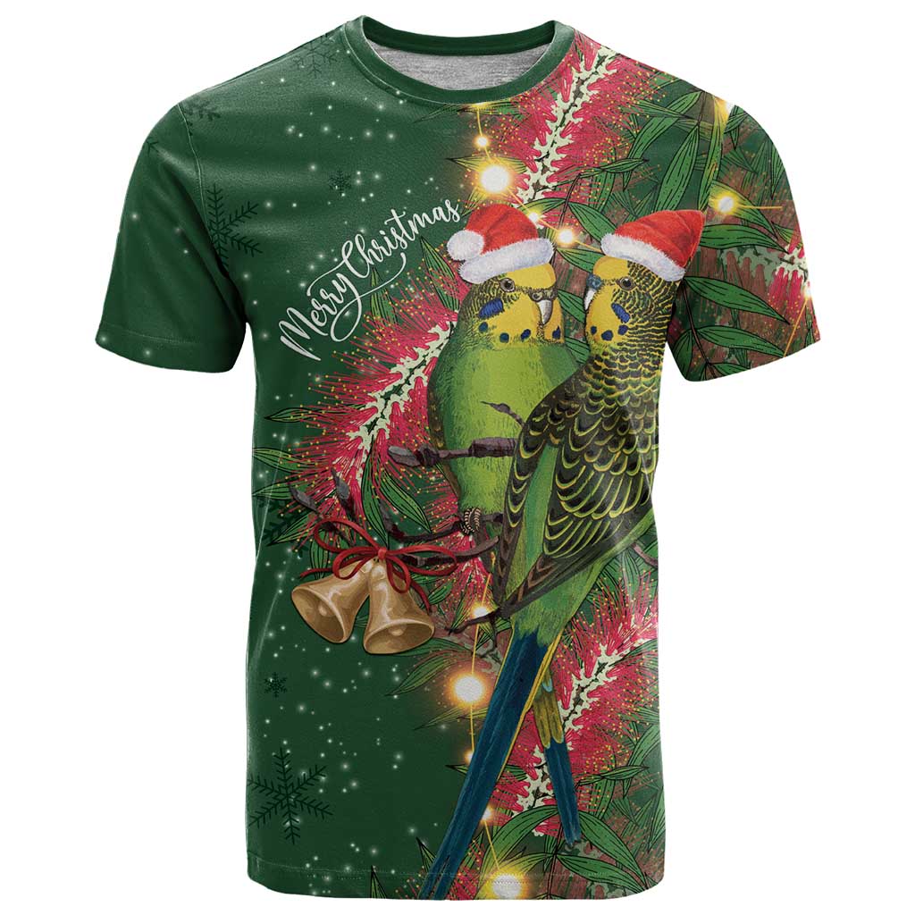 Green Budgerigars on Callistemon T Shirt Merry Christmas Aussie - Aussie Hoodie