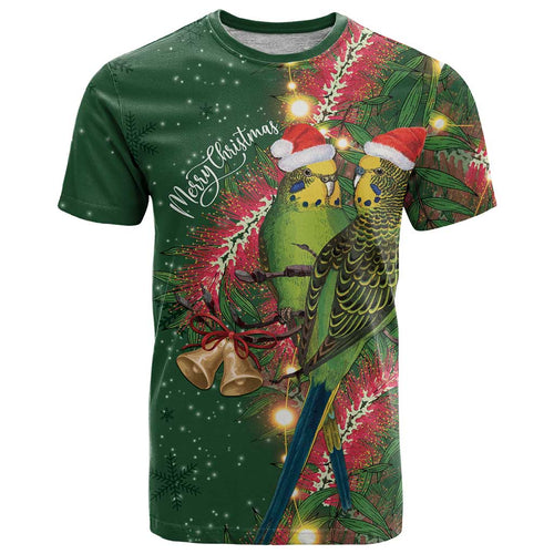 Green Budgerigars on Callistemon T Shirt Merry Christmas Aussie - Aussie Hoodie