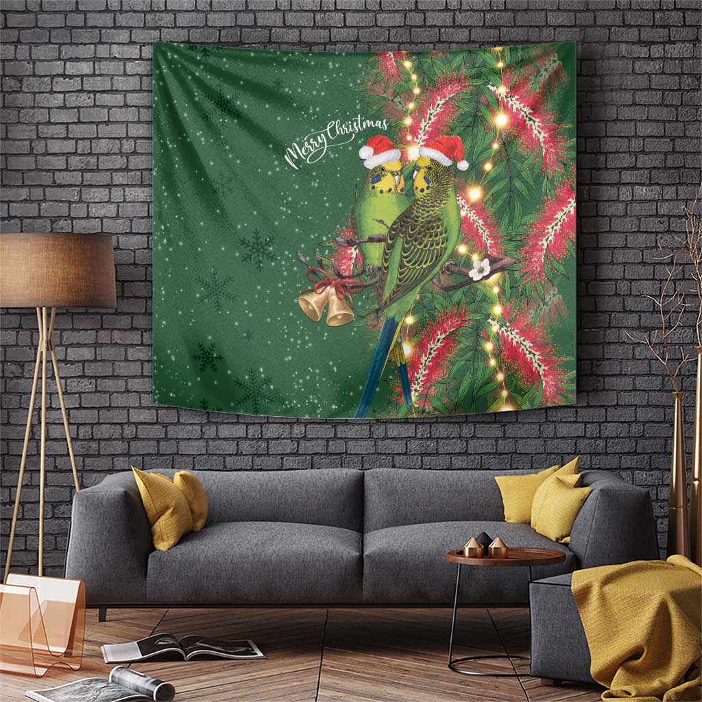 Green Budgerigars on Callistemon Tapestry Merry Christmas Aussie - Aussie Hoodie