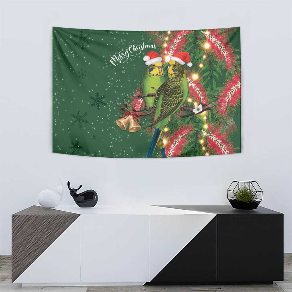 Green Budgerigars on Callistemon Tapestry Merry Christmas Aussie - Aussie Hoodie