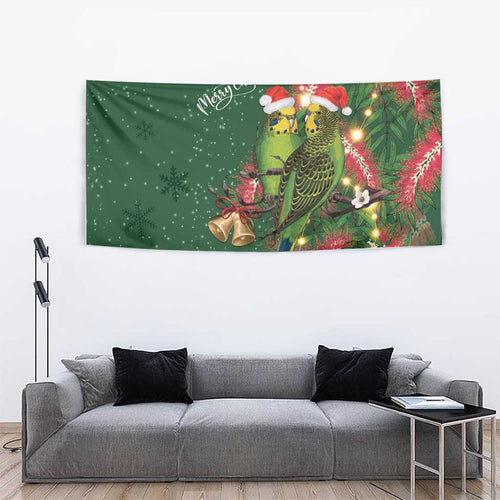 Green Budgerigars on Callistemon Tapestry Merry Christmas Aussie - Aussie Hoodie