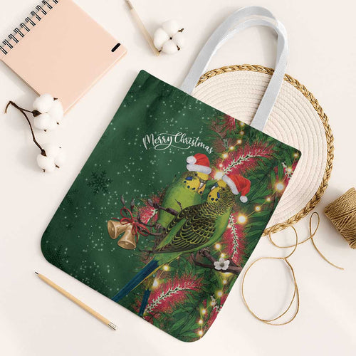 Green Budgerigars on Callistemon Tote Bag Merry Christmas Aussie - Aussie Hoodie
