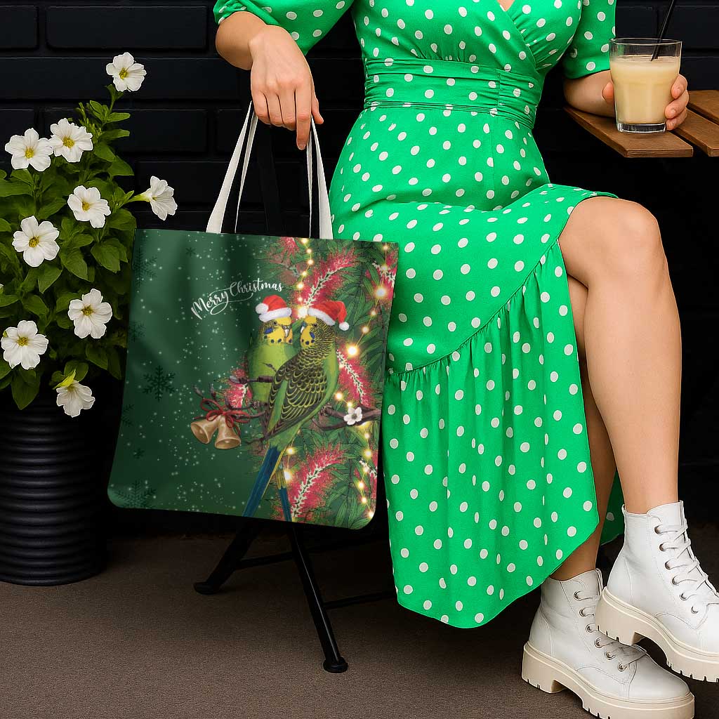 Green Budgerigars on Callistemon Tote Bag Merry Christmas Aussie - Aussie Hoodie
