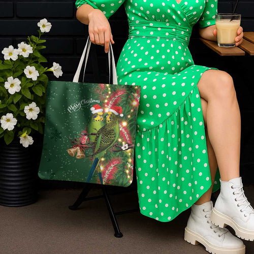 Green Budgerigars on Callistemon Tote Bag Merry Christmas Aussie - Aussie Hoodie