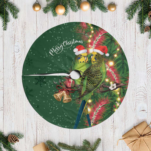 Green Budgerigars on Callistemon Merry Christmas Aussie Tree Skirt - Aussie Hoodie