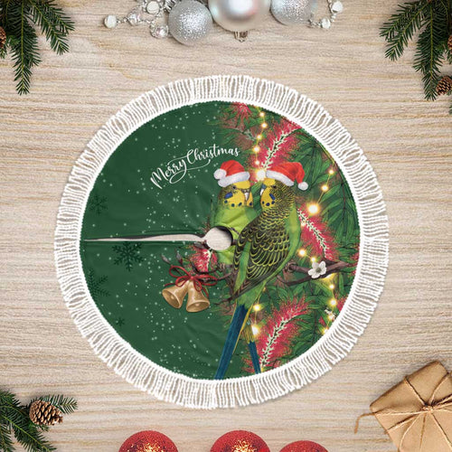 Green Budgerigars on Callistemon Merry Christmas Aussie Tree Skirt - Aussie Hoodie