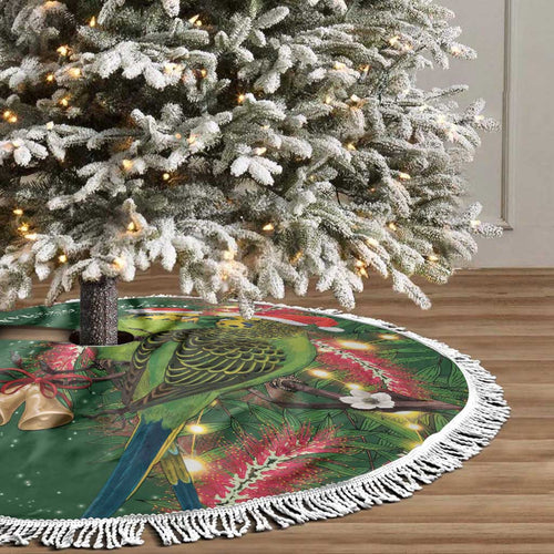 Green Budgerigars on Callistemon Merry Christmas Aussie Tree Skirt - Aussie Hoodie