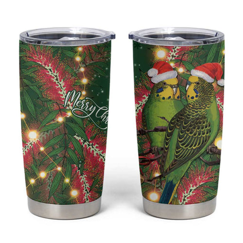 Green Budgerigars on Callistemon Tumbler Cup Merry Christmas Aussie - Aussie Hoodie