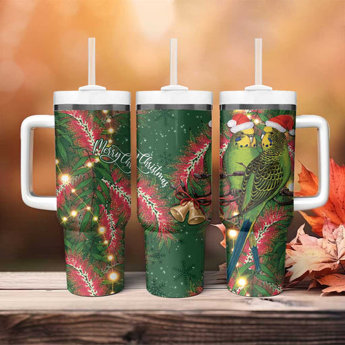 Green Budgerigars on Callistemon Tumbler With Handle Merry Christmas Aussie - Aussie Hoodie