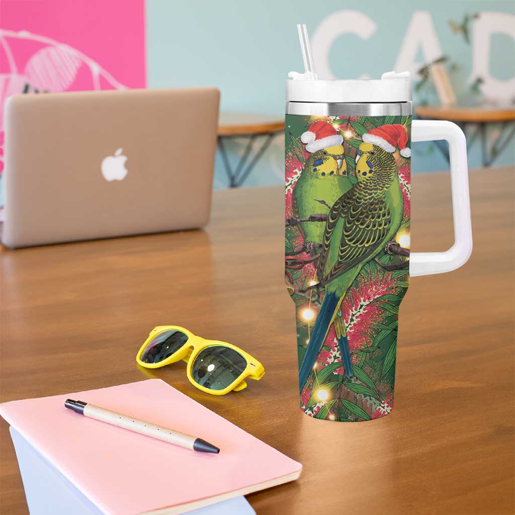 Green Budgerigars on Callistemon Tumbler With Handle Merry Christmas Aussie - Aussie Hoodie