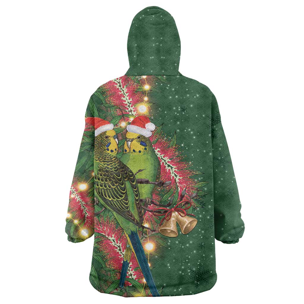 Green Budgerigars on Callistemon Wearable Blanket Hoodie Merry Christmas Aussie - Aussie Hoodie