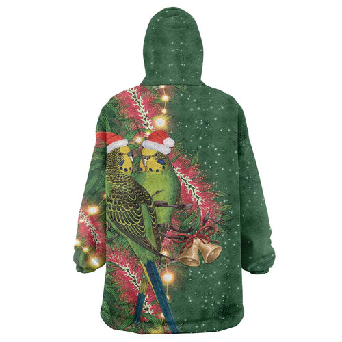 Green Budgerigars on Callistemon Wearable Blanket Hoodie Merry Christmas Aussie - Aussie Hoodie