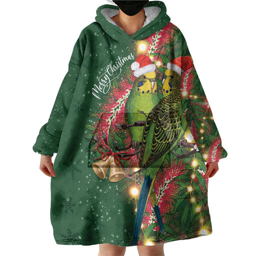 Green Budgerigars on Callistemon Wearable Blanket Hoodie Merry Christmas Aussie - Aussie Hoodie