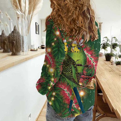Green Budgerigars on Callistemon Women Casual Shirt Merry Christmas Aussie - Aussie Hoodie