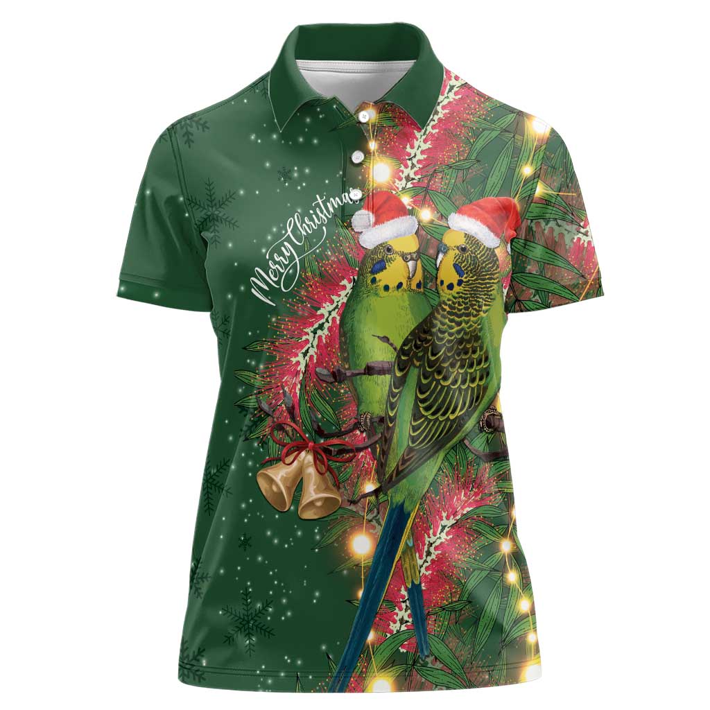 Green Budgerigars on Callistemon Women Polo Shirt Merry Christmas Aussie - Aussie Hoodie