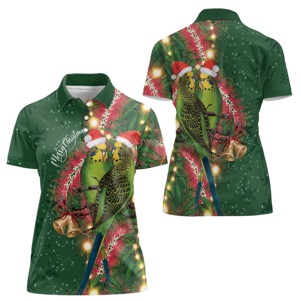 Green Budgerigars on Callistemon Women Polo Shirt Merry Christmas Aussie - Aussie Hoodie