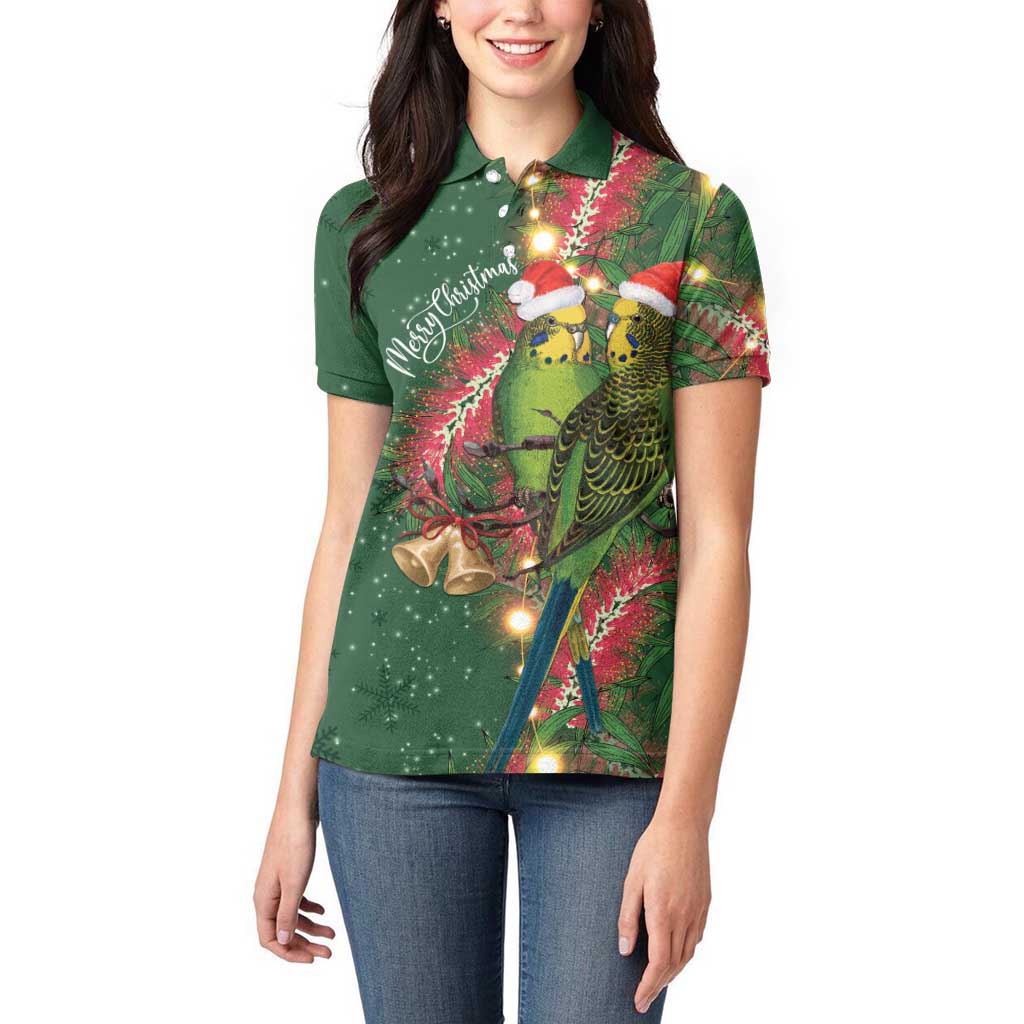 Green Budgerigars on Callistemon Women Polo Shirt Merry Christmas Aussie - Aussie Hoodie