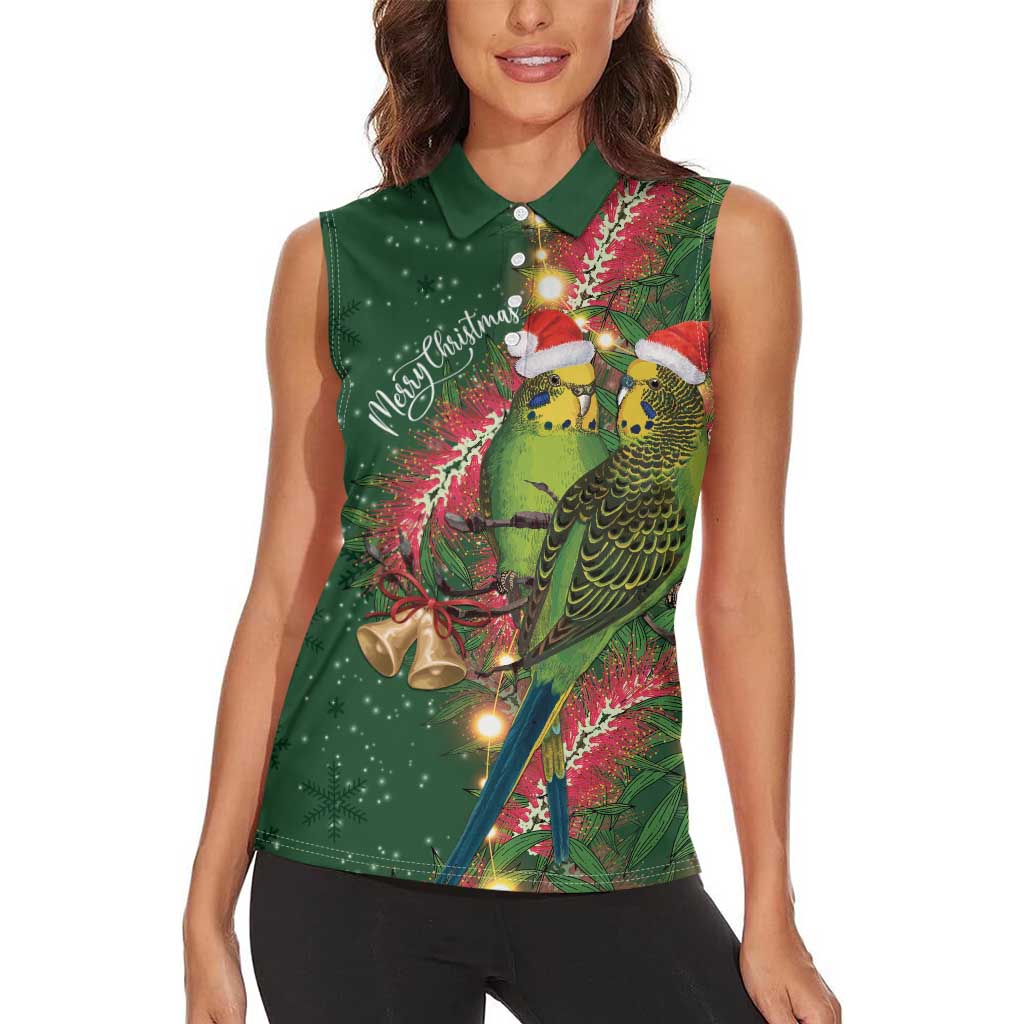 Green Budgerigars on Callistemon Women Sleeveless Polo Shirt Merry Christmas Aussie - Aussie Hoodie