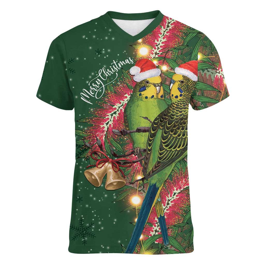 Green Budgerigars on Callistemon Women V-Neck T-Shirt Merry Christmas Aussie - Aussie Hoodie