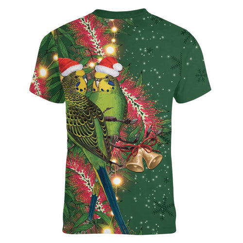 Green Budgerigars on Callistemon Women V-Neck T-Shirt Merry Christmas Aussie - Aussie Hoodie