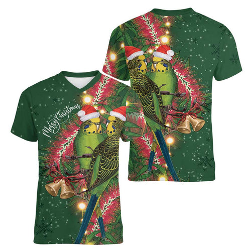 Green Budgerigars on Callistemon Women V-Neck T-Shirt Merry Christmas Aussie - Aussie Hoodie