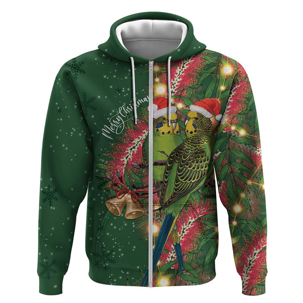 Green Budgerigars on Callistemon Zip Hoodie Merry Christmas Aussie - Aussie Hoodie