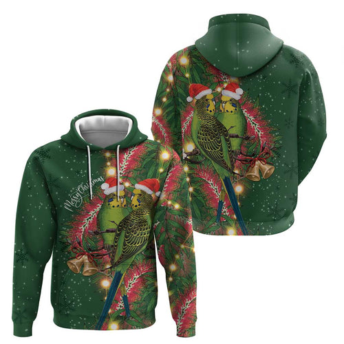 Green Budgerigars on Callistemon Zip Hoodie Merry Christmas Aussie - Aussie Hoodie