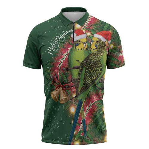 Green Budgerigars on Callistemon Zipper Polo Shirt Merry Christmas Aussie - Aussie Hoodie
