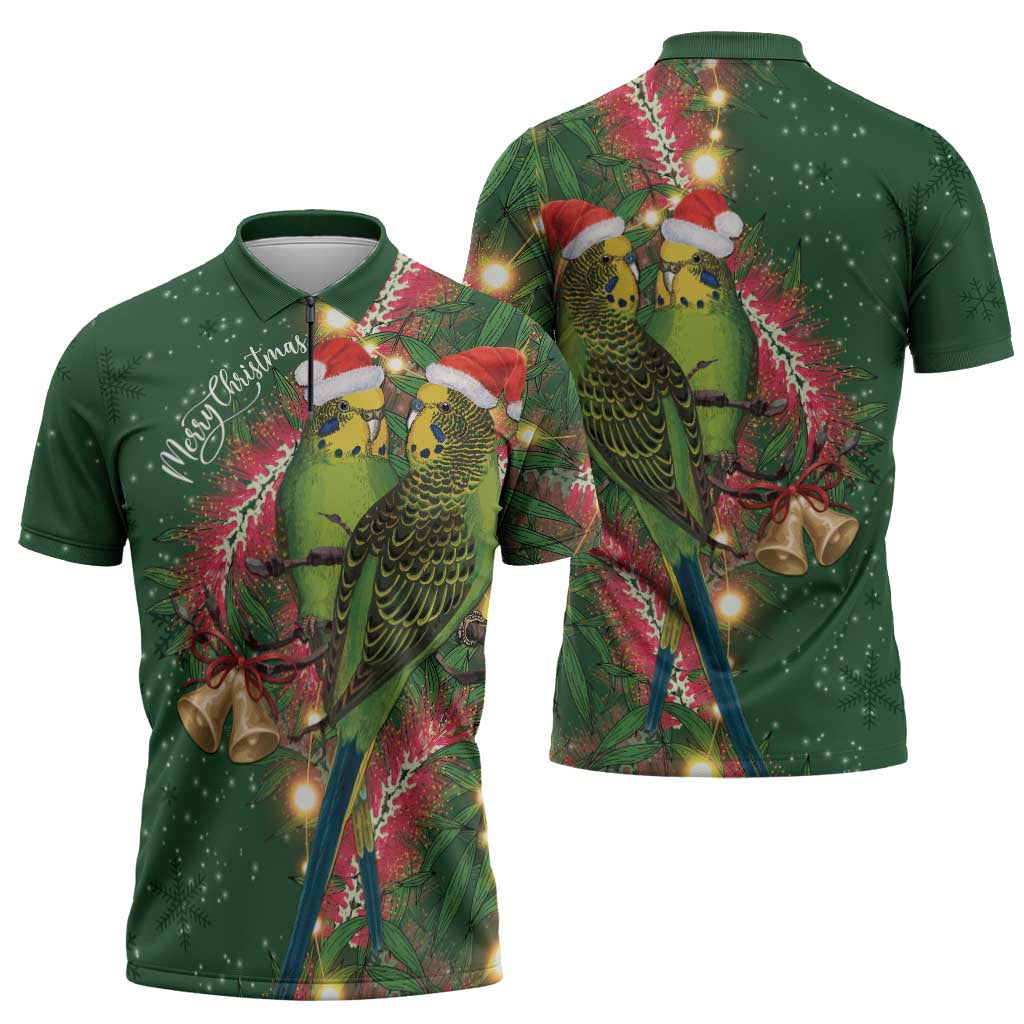 Green Budgerigars on Callistemon Zipper Polo Shirt Merry Christmas Aussie - Aussie Hoodie