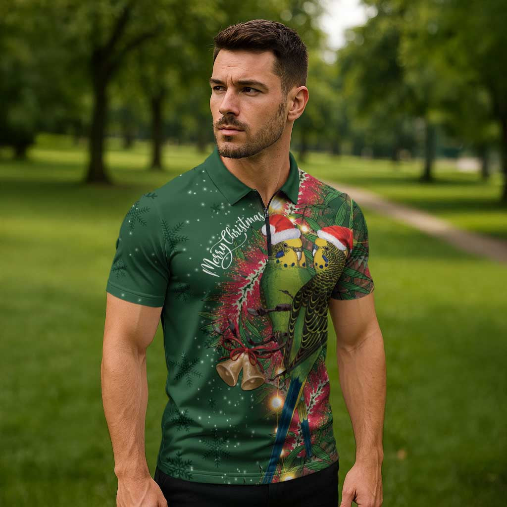 Green Budgerigars on Callistemon Zipper Polo Shirt Merry Christmas Aussie - Aussie Hoodie