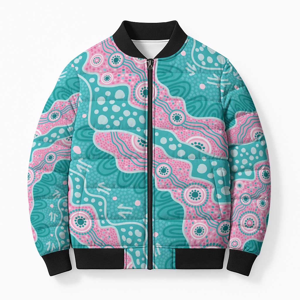 Hereditary Cancer Awareness Australia Indigenous Bomber Puffer Jacket Pink and Teal - Aussie Hoodie