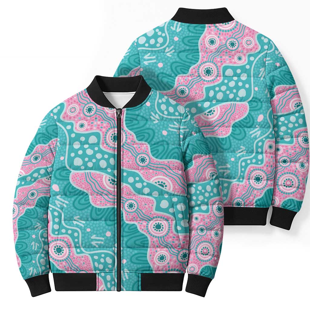 Hereditary Cancer Awareness Australia Indigenous Bomber Puffer Jacket Pink and Teal - Aussie Hoodie