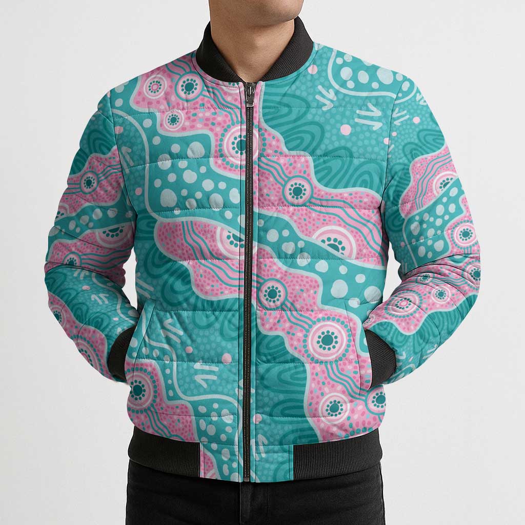 Hereditary Cancer Awareness Australia Indigenous Bomber Puffer Jacket Pink and Teal - Aussie Hoodie