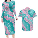 Hereditary Cancer Awareness Australia Indigenous Couples Matching Long Sleeve Bodycon Dress and Hawaiian Shirt Pink and Teal - Aussie Hoodie
