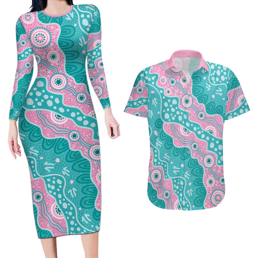 Hereditary Cancer Awareness Australia Indigenous Couples Matching Long Sleeve Bodycon Dress and Hawaiian Shirt Pink and Teal - Aussie Hoodie