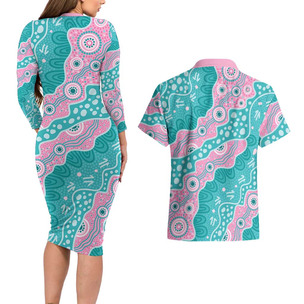 Hereditary Cancer Awareness Australia Indigenous Couples Matching Long Sleeve Bodycon Dress and Hawaiian Shirt Pink and Teal - Aussie Hoodie