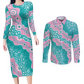 Hereditary Cancer Awareness Australia Indigenous Couples Matching Long Sleeve Bodycon Dress and Long Sleeve Button Shirt Pink and Teal - Aussie Hoodie