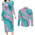Hereditary Cancer Awareness Australia Indigenous Couples Matching Long Sleeve Bodycon Dress and Long Sleeve Button Shirt Pink and Teal - Aussie Hoodie
