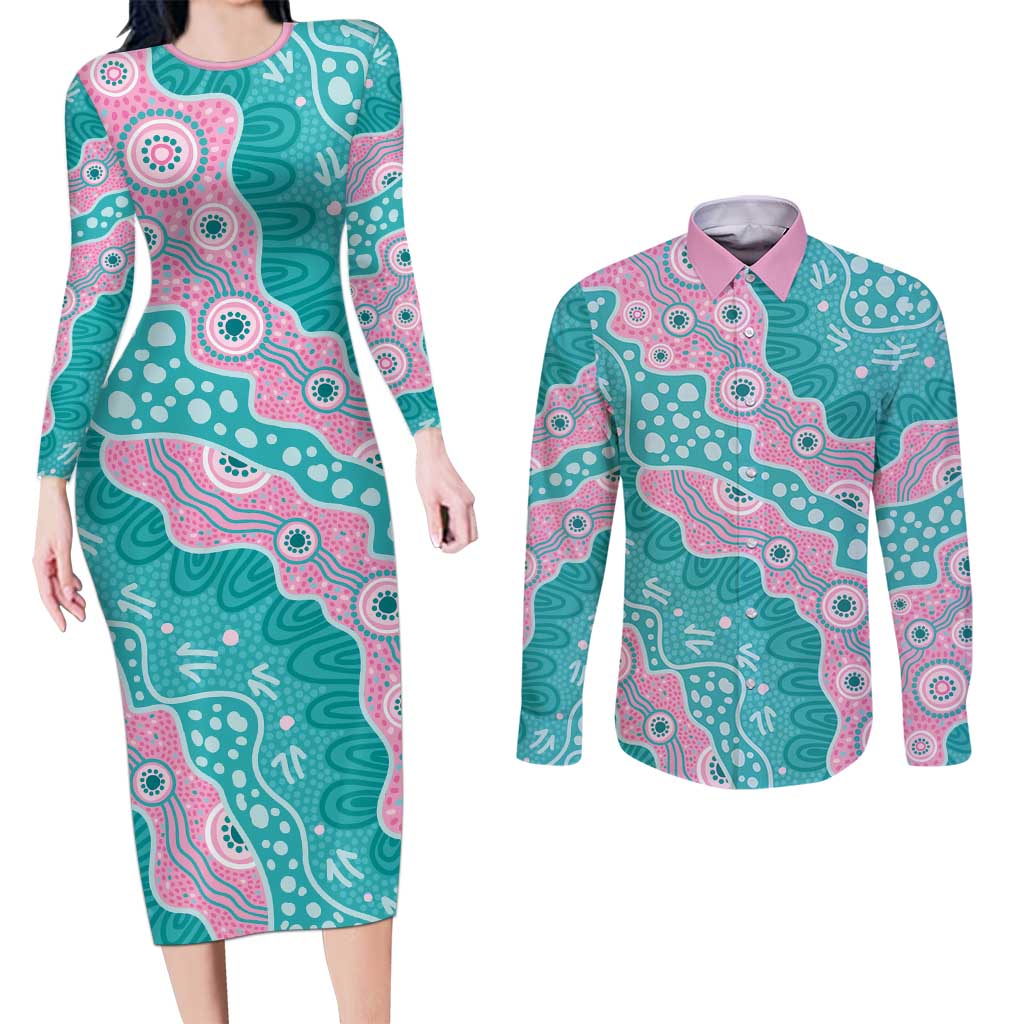 Hereditary Cancer Awareness Australia Indigenous Couples Matching Long Sleeve Bodycon Dress and Long Sleeve Button Shirt Pink and Teal - Aussie Hoodie