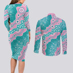 Hereditary Cancer Awareness Australia Indigenous Couples Matching Long Sleeve Bodycon Dress and Long Sleeve Button Shirt Pink and Teal - Aussie Hoodie