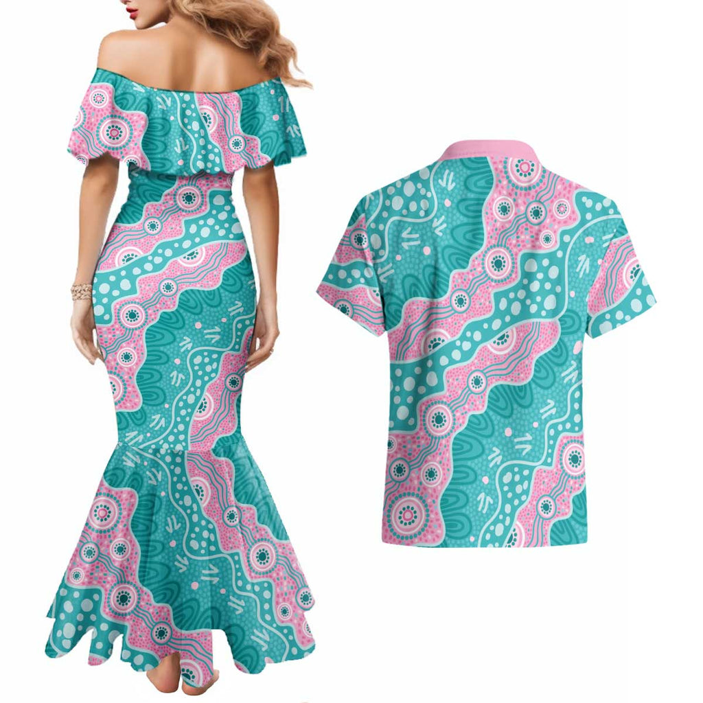 Hereditary Cancer Awareness Australia Indigenous Couples Matching Mermaid Dress and Hawaiian Shirt Pink and Teal - Aussie Hoodie