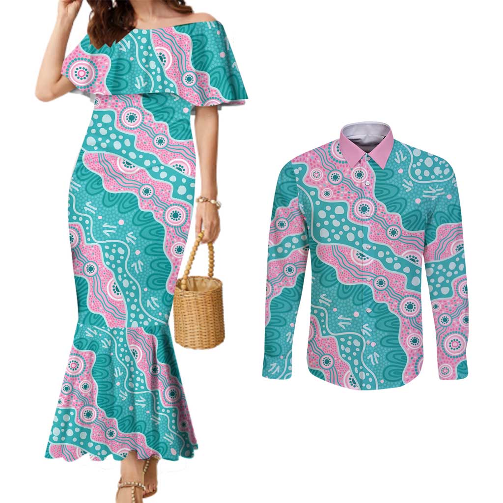 Hereditary Cancer Awareness Australia Indigenous Couples Matching Mermaid Dress and Long Sleeve Button Shirt Pink and Teal - Aussie Hoodie