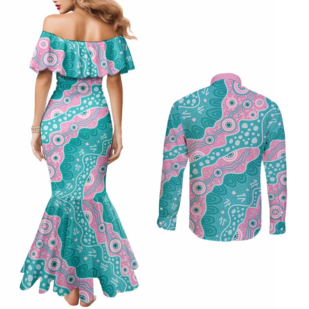 Hereditary Cancer Awareness Australia Indigenous Couples Matching Mermaid Dress and Long Sleeve Button Shirt Pink and Teal - Aussie Hoodie