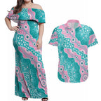 Hereditary Cancer Awareness Australia Indigenous Couples Matching Off Shoulder Maxi Dress and Hawaiian Shirt Pink and Teal - Aussie Hoodie
