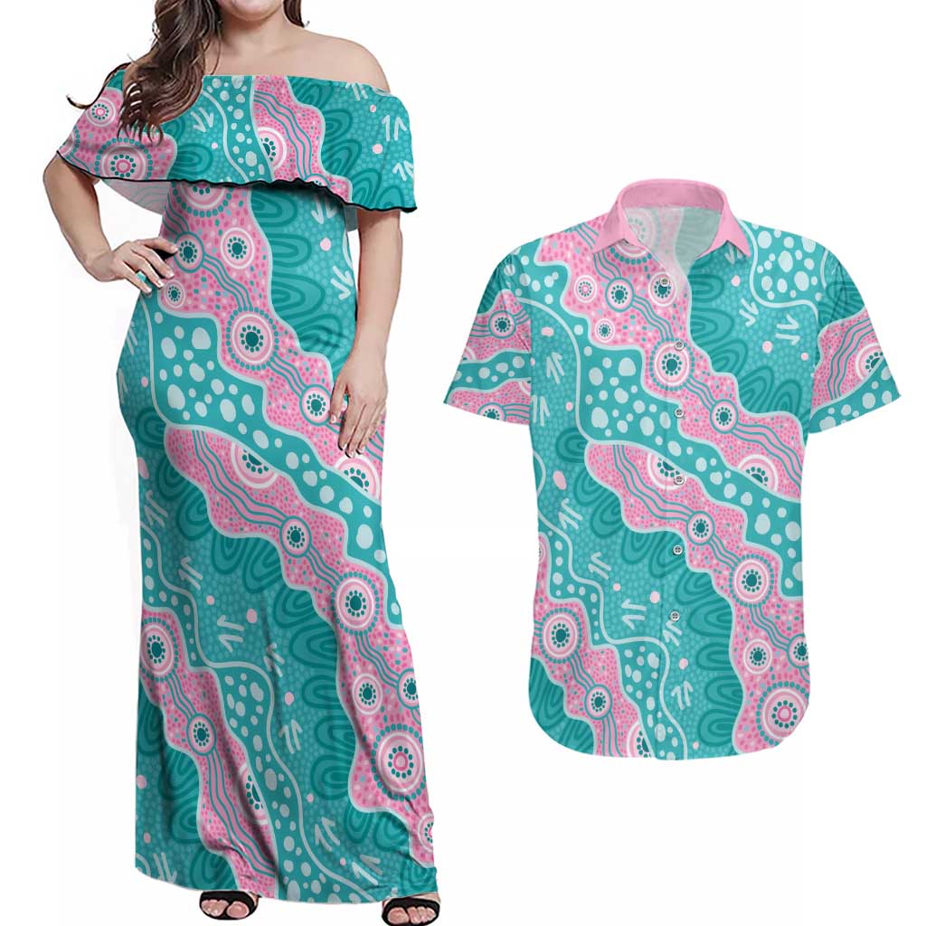 Hereditary Cancer Awareness Australia Indigenous Couples Matching Off Shoulder Maxi Dress and Hawaiian Shirt Pink and Teal - Aussie Hoodie