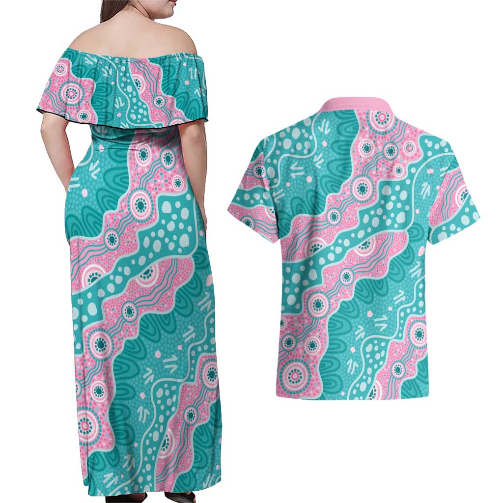 Hereditary Cancer Awareness Australia Indigenous Couples Matching Off Shoulder Maxi Dress and Hawaiian Shirt Pink and Teal - Aussie Hoodie