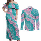 Hereditary Cancer Awareness Australia Indigenous Couples Matching Off Shoulder Maxi Dress and Long Sleeve Button Shirt Pink and Teal - Aussie Hoodie